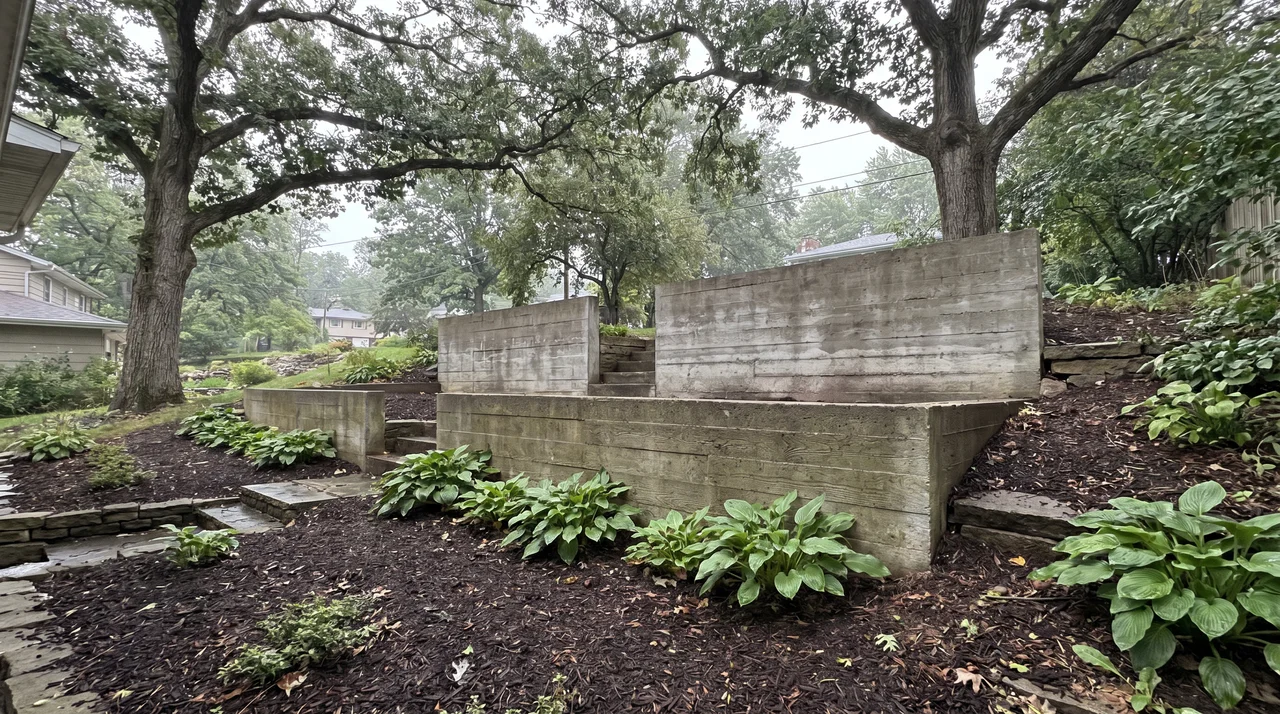 Poured concrete retaining wall with landscaping, hillside lot Buffalo